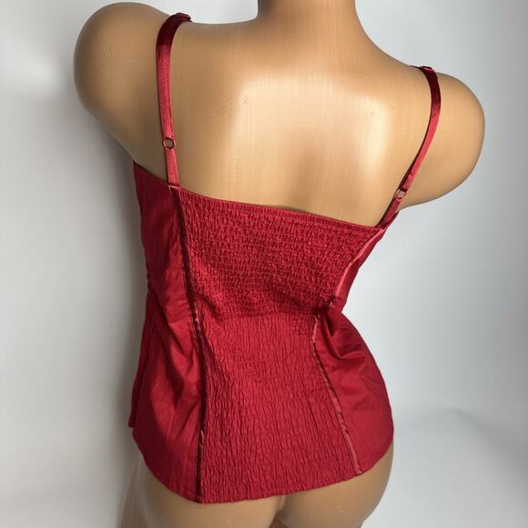 Y2K 2b Bebe Red Ruched Corset Cami Top M Smocked Back Rockabilly Pinup Bombshell - Picture 2 of 11